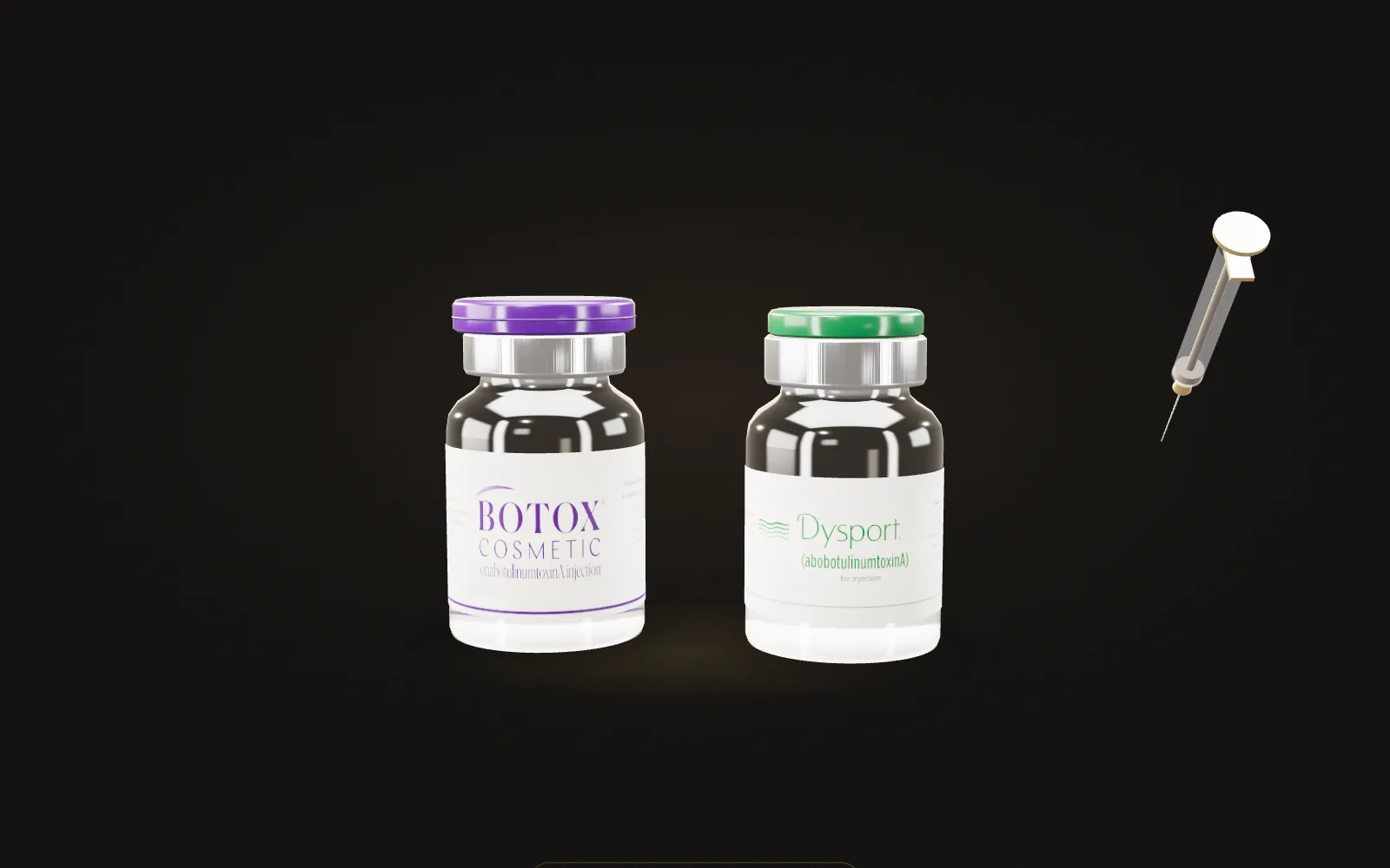 Botox® Cosmetic and Dysport® vials with a syringe