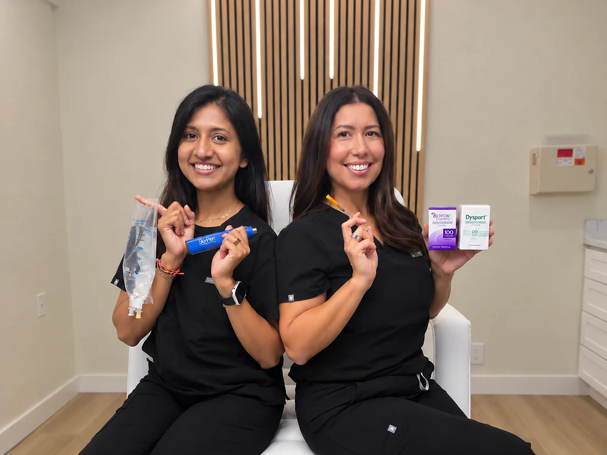 Ria Jivan, BSN, RN with an IV bag and SkinPen®, and Kia Brooks, RN with BOTOX® Cosmetic and Dysport®